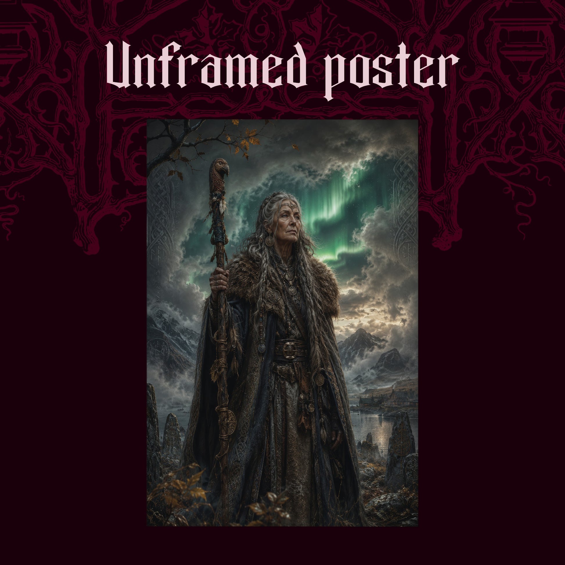 Spákona shown as an unframed poster print of the elder seeress and standing stones on a dark red patterned background, labelled Unframed Poster to show the print-only option.