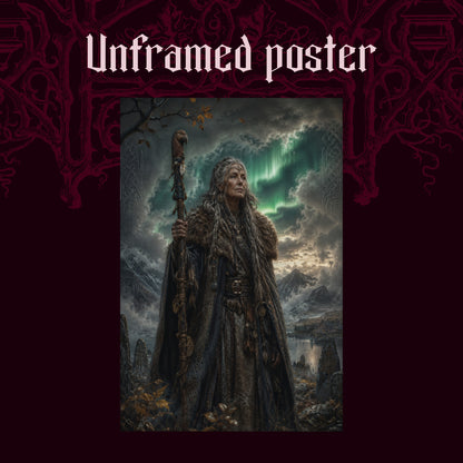 Spákona shown as an unframed poster print of the elder seeress and standing stones on a dark red patterned background, labelled Unframed Poster to show the print-only option.