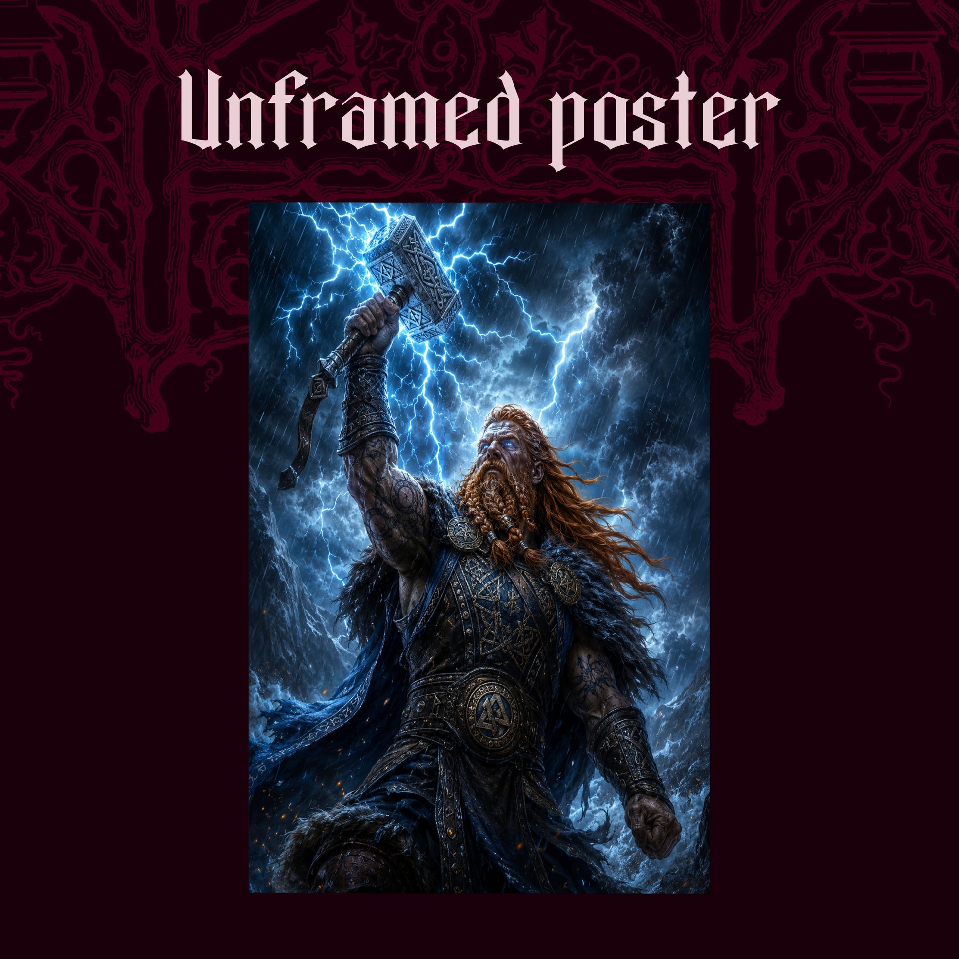 Mjölnir shown as an unframed poster print of Thor and the lightning on a dark red patterned background, labelled Unframed Poster to show the print-only option.