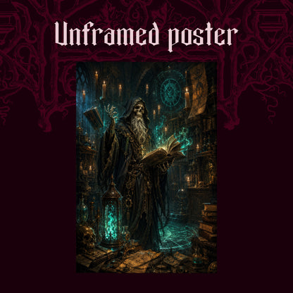The Hollow Archivist shown as an unframed poster print of the skeletal sorcerer and his glowing arcane study on a dark red patterned background, labelled Unframed Poster to show the print-only option.