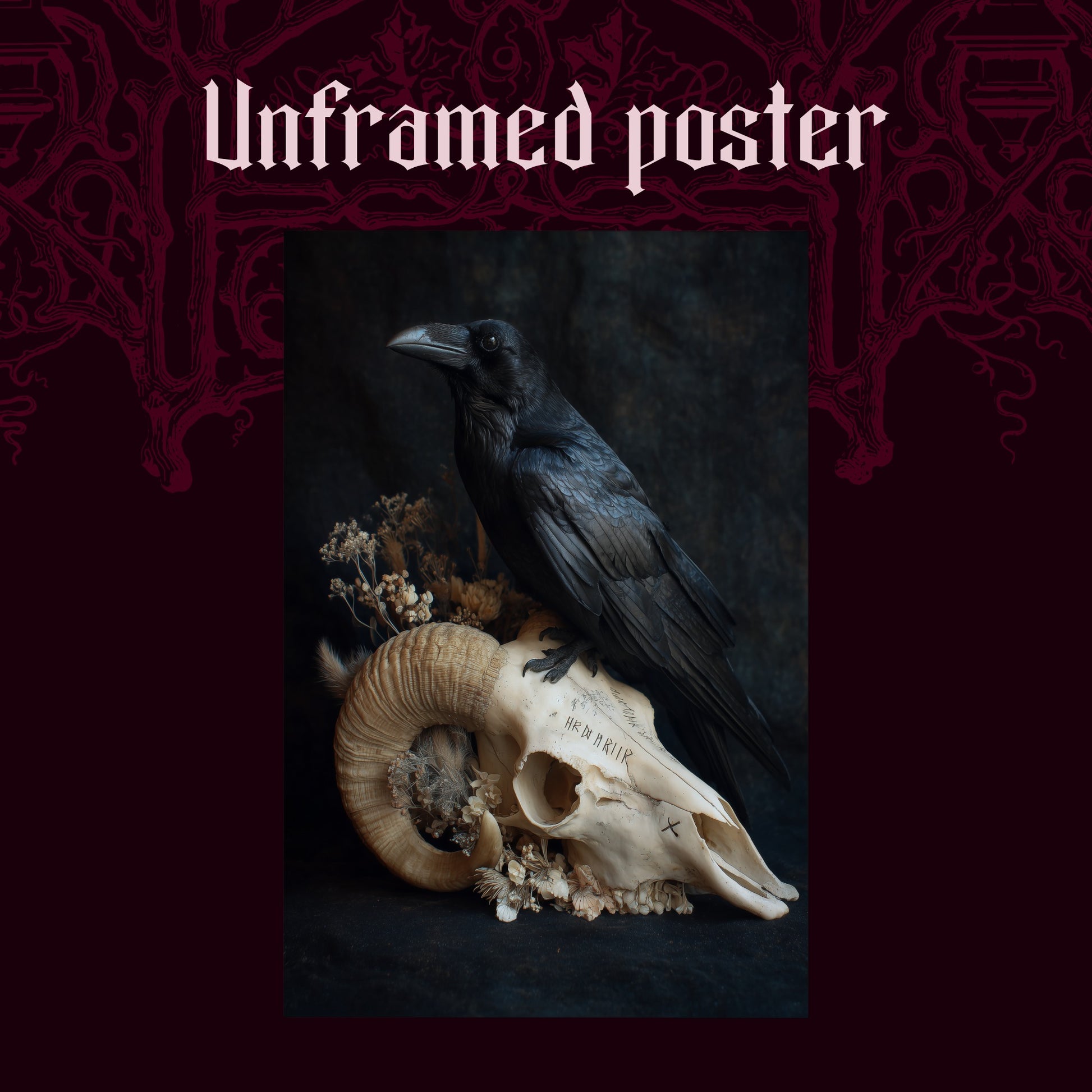 Hel shown as an unframed poster print of the raven and ram skull still life on a dark red patterned background, labelled Unframed Poster to show the print-only option.
