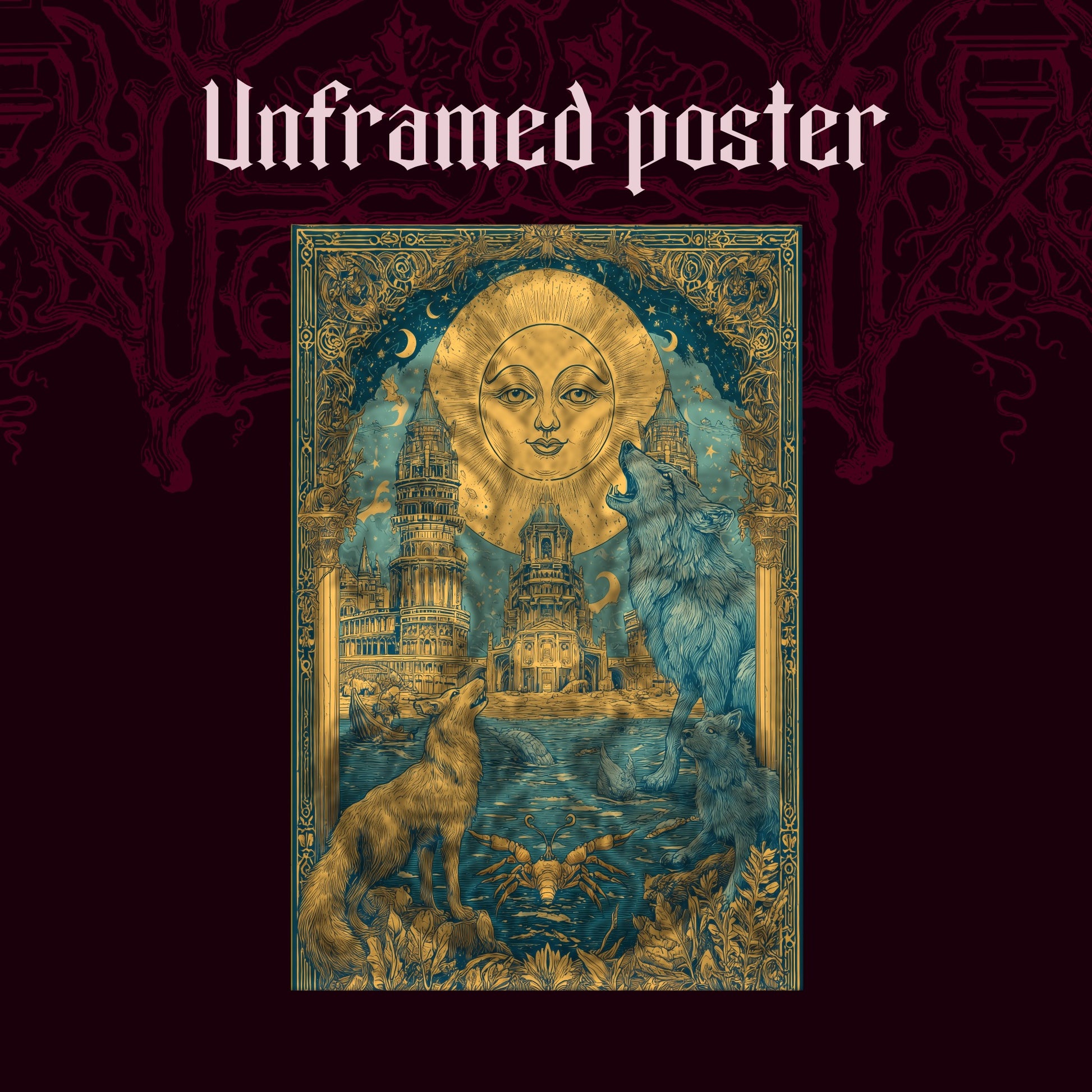 The Sunken Court shown as an unframed poster print of the teal and mustard sun and drowned city on a dark red patterned background, labelled Unframed Poster to show the print-only option.