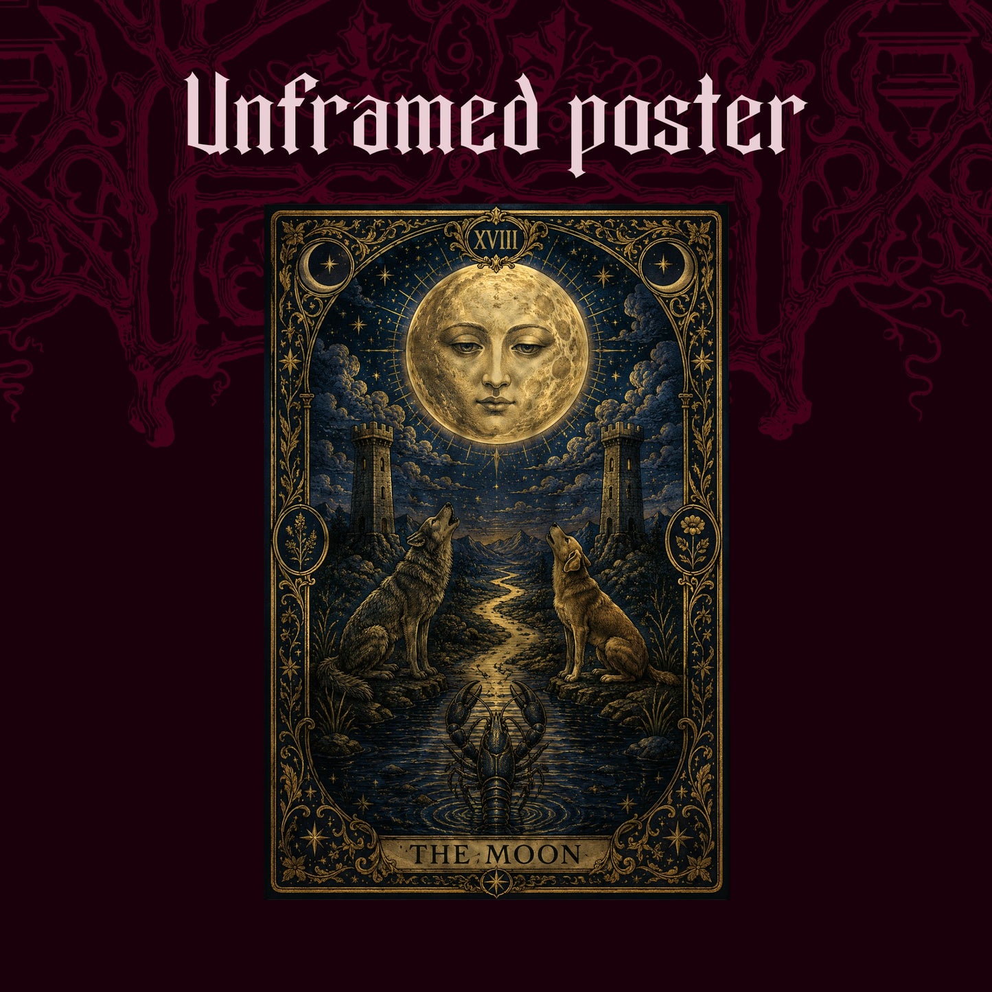 La Lune shown as an unframed poster print of the navy and gold moon tarot card on a dark red patterned background, labelled Unframed Poster to show the print-only option.