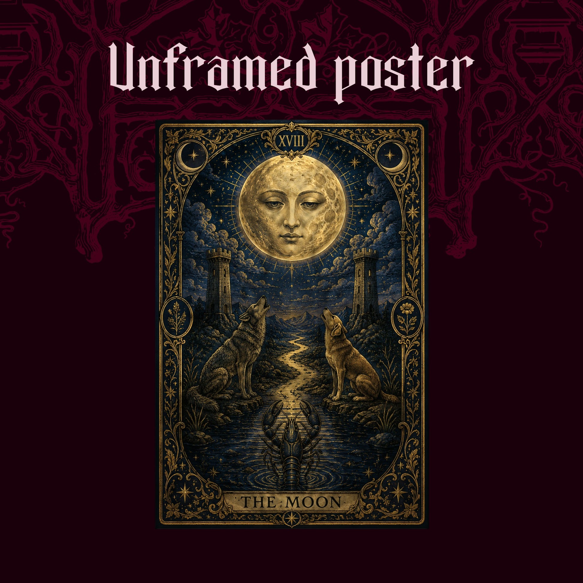 La Lune shown as an unframed poster print of the navy and gold moon tarot card on a dark red patterned background, labelled Unframed Poster to show the print-only option.