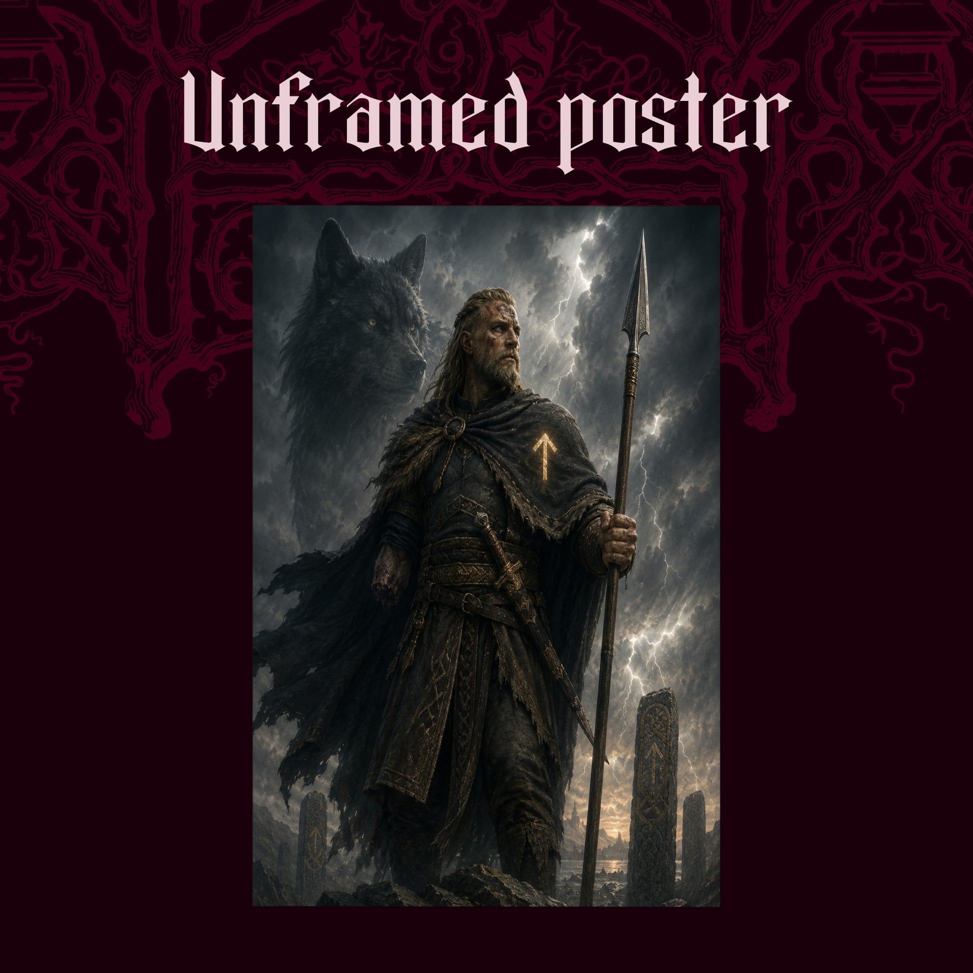 Tyr shown as an unframed poster print of the one-handed god and the wolf on a dark red patterned background, labelled Unframed Poster to show the print-only option.