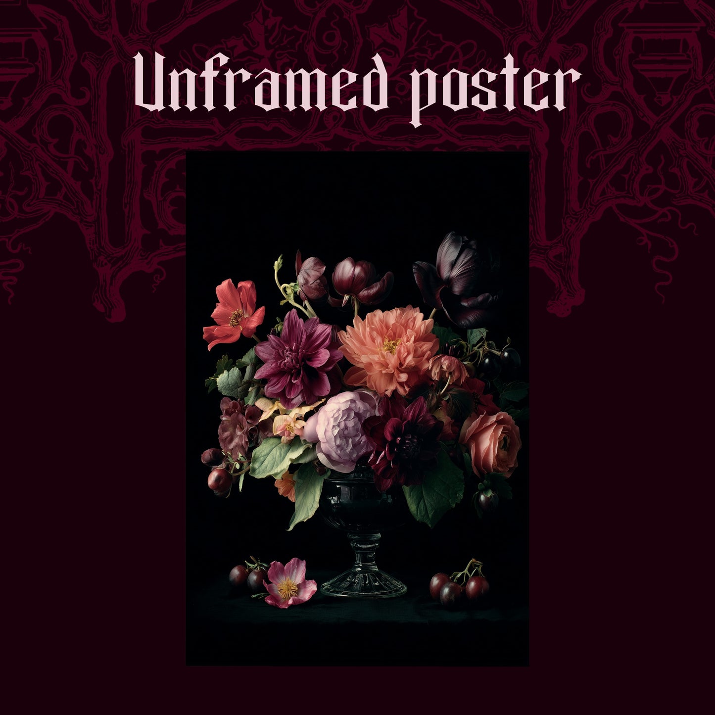 Tazza shown as an unframed poster print of the jewel-toned bouquet on a dark red patterned background, labelled Unframed Poster to show the print-only option.
