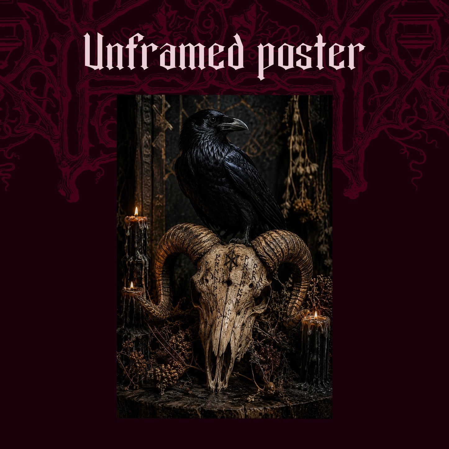 Valravn shown as an unframed poster print of the raven and rune-carved skull on a dark red patterned background, labelled Unframed Poster to show the print-only option.