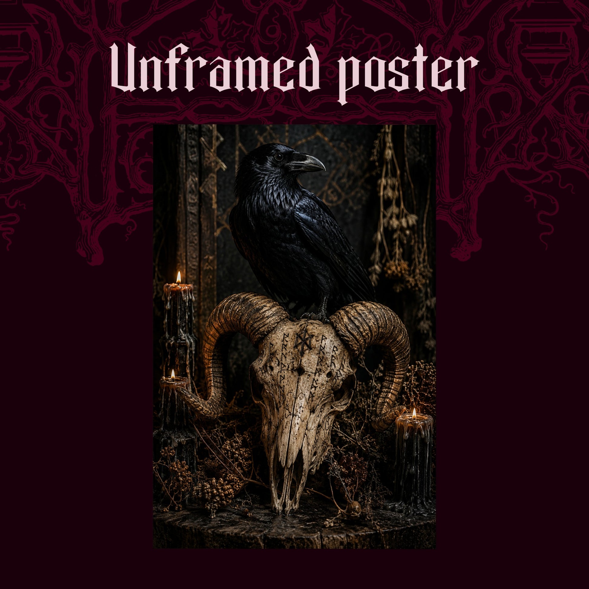 Valravn shown as an unframed poster print of the raven and rune-carved skull on a dark red patterned background, labelled Unframed Poster to show the print-only option.