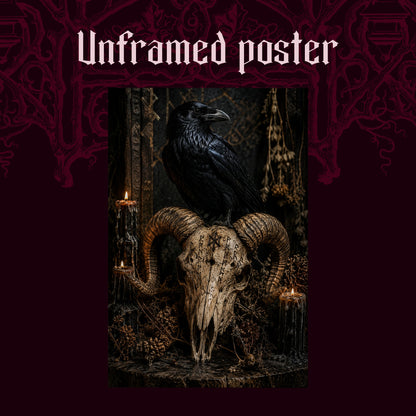 Valravn shown as an unframed poster print of the raven and rune-carved skull on a dark red patterned background, labelled Unframed Poster to show the print-only option.