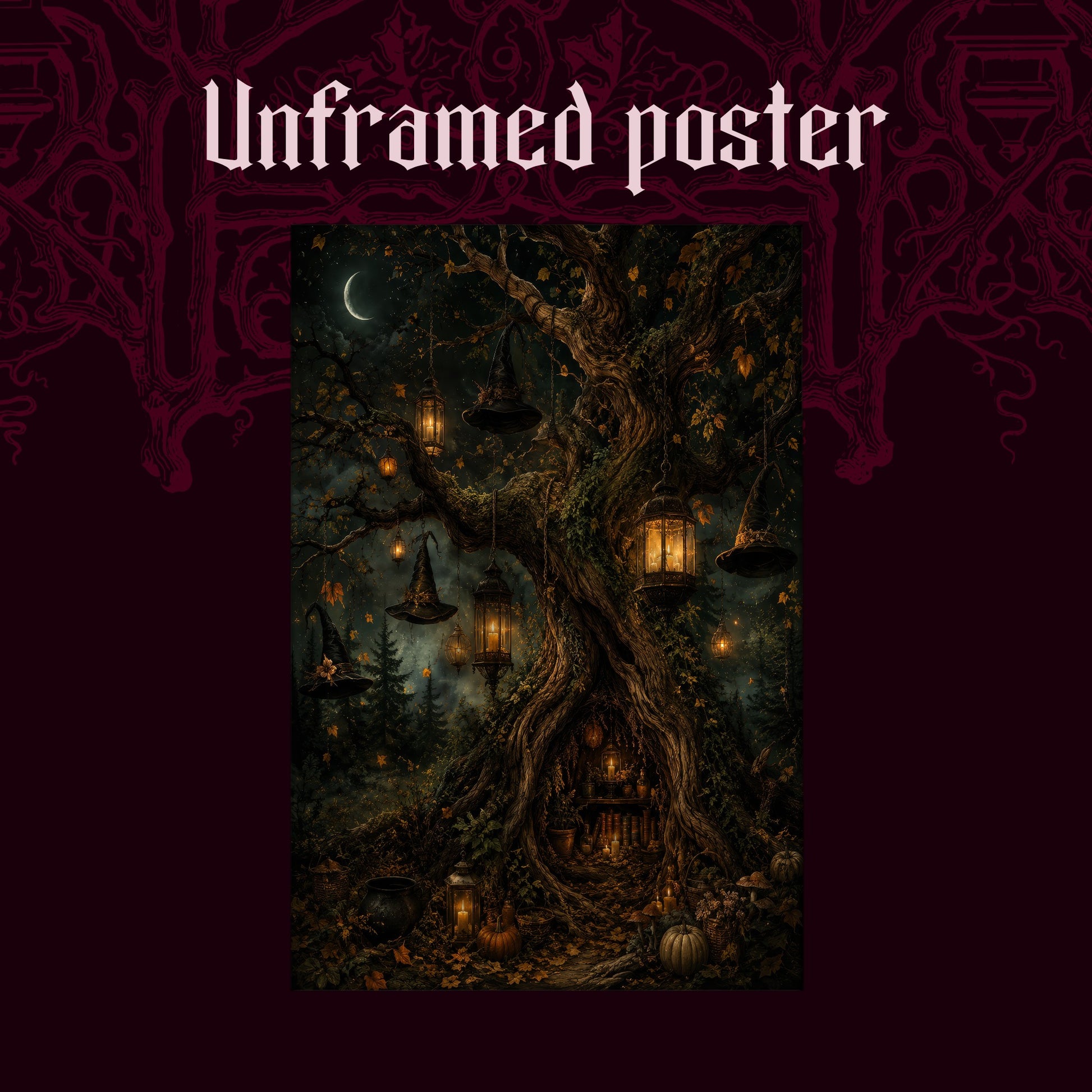  Ember Hollow shown as an unframed poster print of the gnarled tree and its glowing root hollow on a dark red patterned background, labelled Unframed Poster to show the print-only option.