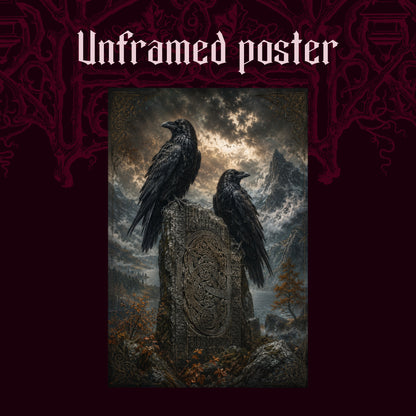 The Watchstone shown as an unframed poster print of the ravens and carved stone on a dark red patterned background, labelled Unframed Poster to show the print-only option.