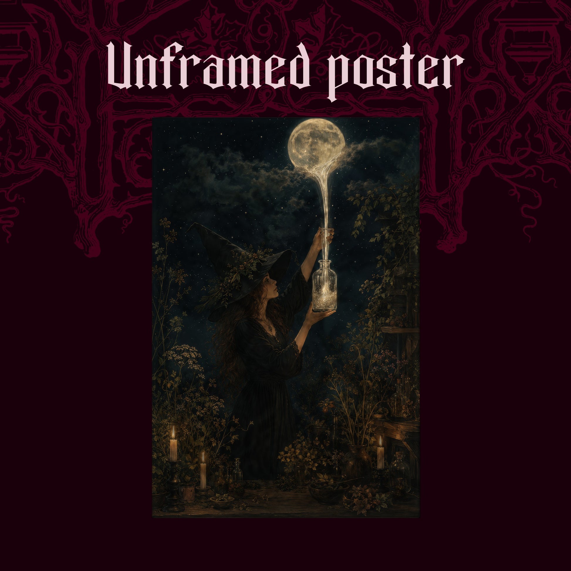 Moonfall shown as an unframed poster print of the witch and her stream of moonlight on a dark red patterned background, labelled Unframed Poster to show the print-only option.