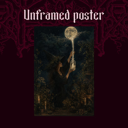 Moonfall shown as an unframed poster print of the witch and her stream of moonlight on a dark red patterned background, labelled Unframed Poster to show the print-only option.