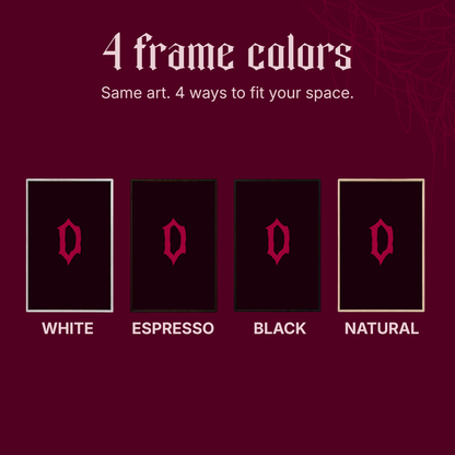Frame colour guide for Tazza showing four vertical frames — white, espresso, black and natural — each holding a dark panel marked with the red Draugon monogram, under the caption Same art. 4 ways to fit your space.