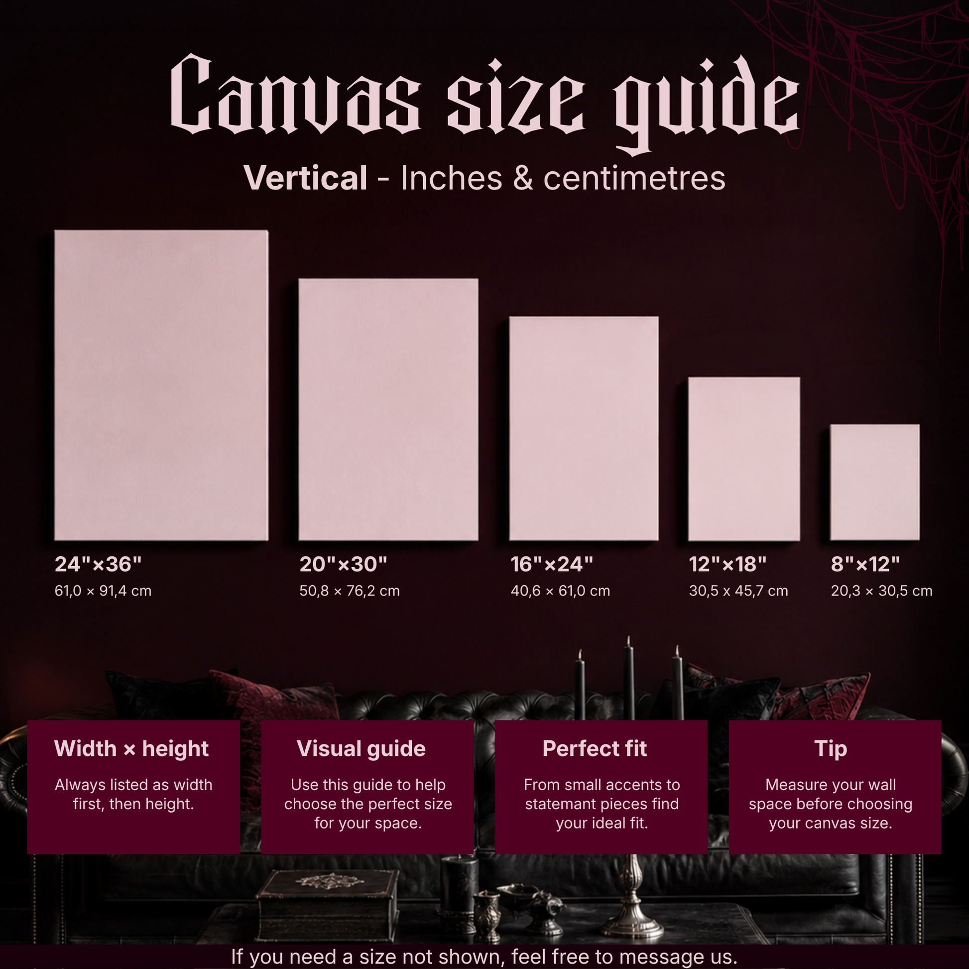 Vertical canvas size guide for The Winter Garden showing five portrait sizes side by side — 24x36, 20x30, 16x24, 12x18 and 8x12 inches with centimetre conversions — displayed on a dark red wall above a black leather sofa with lit candles.