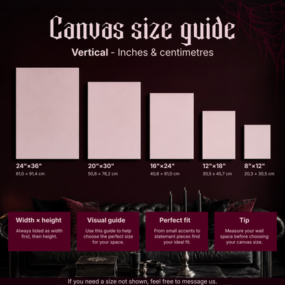 Vertical canvas size guide for The Winter Garden showing five portrait sizes side by side — 24x36, 20x30, 16x24, 12x18 and 8x12 inches with centimetre conversions — displayed on a dark red wall above a black leather sofa with lit candles.